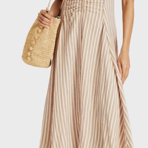 Sandro Paris Anym Ruched Embroidered Striped Twill Midi Dress (size EU 40) - Picture 5 of 10